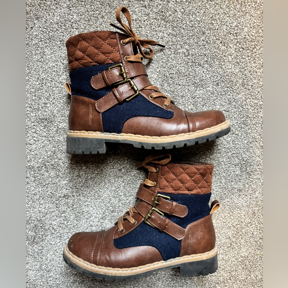 JustFab Brown and Navy Lace Up Boots